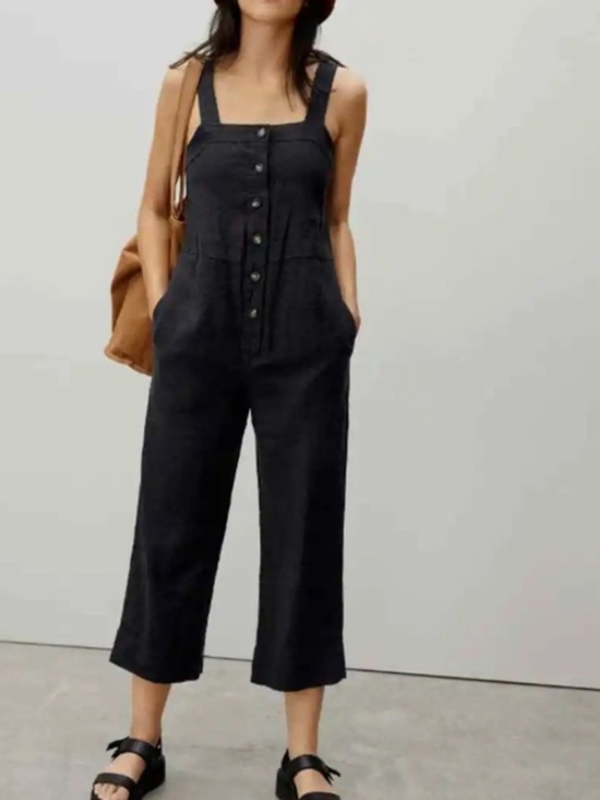 Everlane Pants - Everlane black 100% linen picnic cropped wide leg jumpsuit size 4